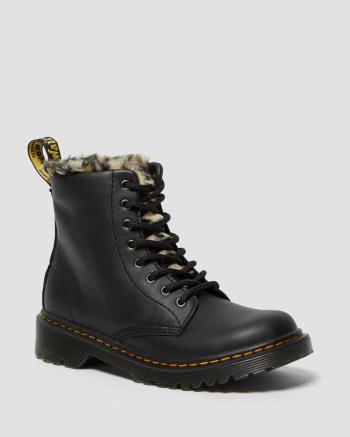 Dr Martens Junior 1460 Serena Leopard Faux Fur Lifestyle Topanky Detske Čierne | 4807-VNACG